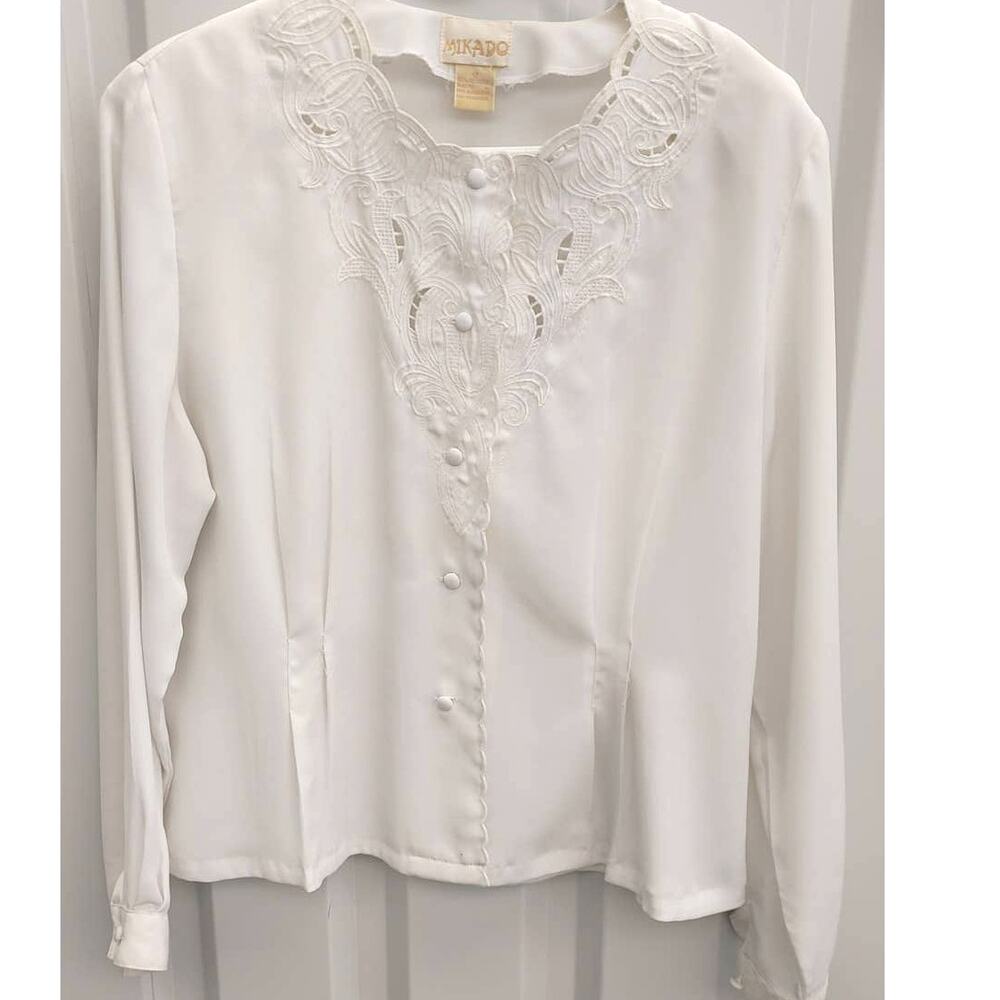 Vintage Mikado Blouse Cutouts Button Front White Cottage Fairy